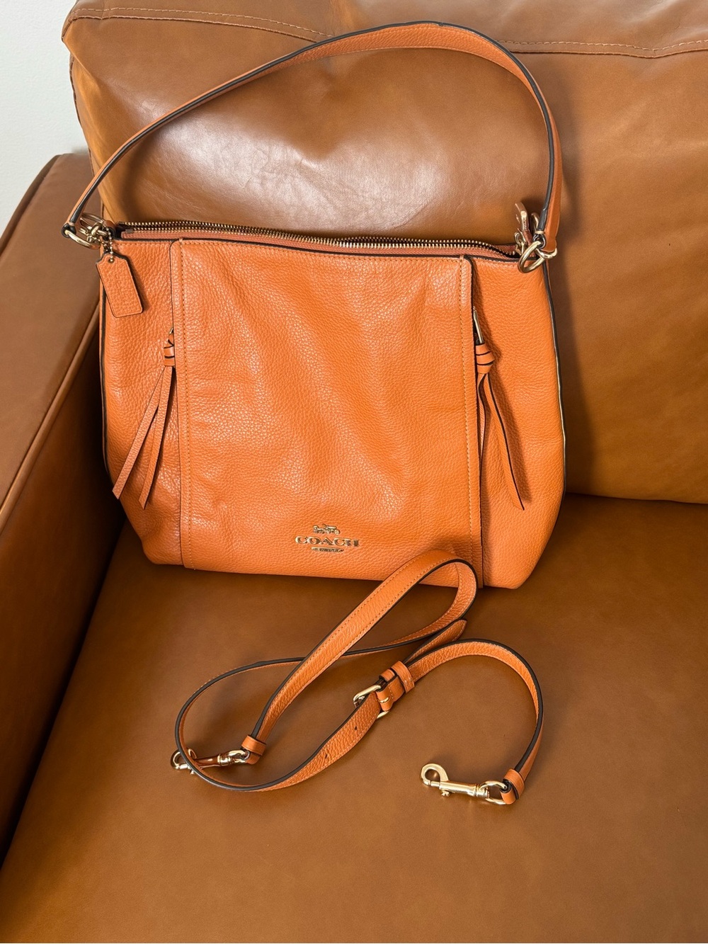 Coach Isabella Orange Pebbled Leather Shoulder Bag with Detachable Strap